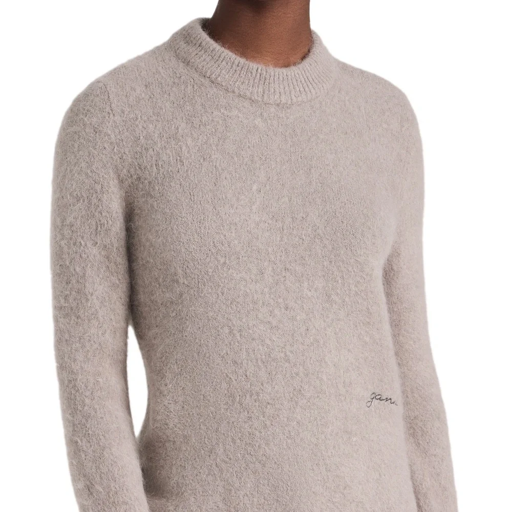 Ganni Beushed Alpaca O Neck Fallen Rock Soft Gray Crew Neck Sweater - Picture 4 of 4